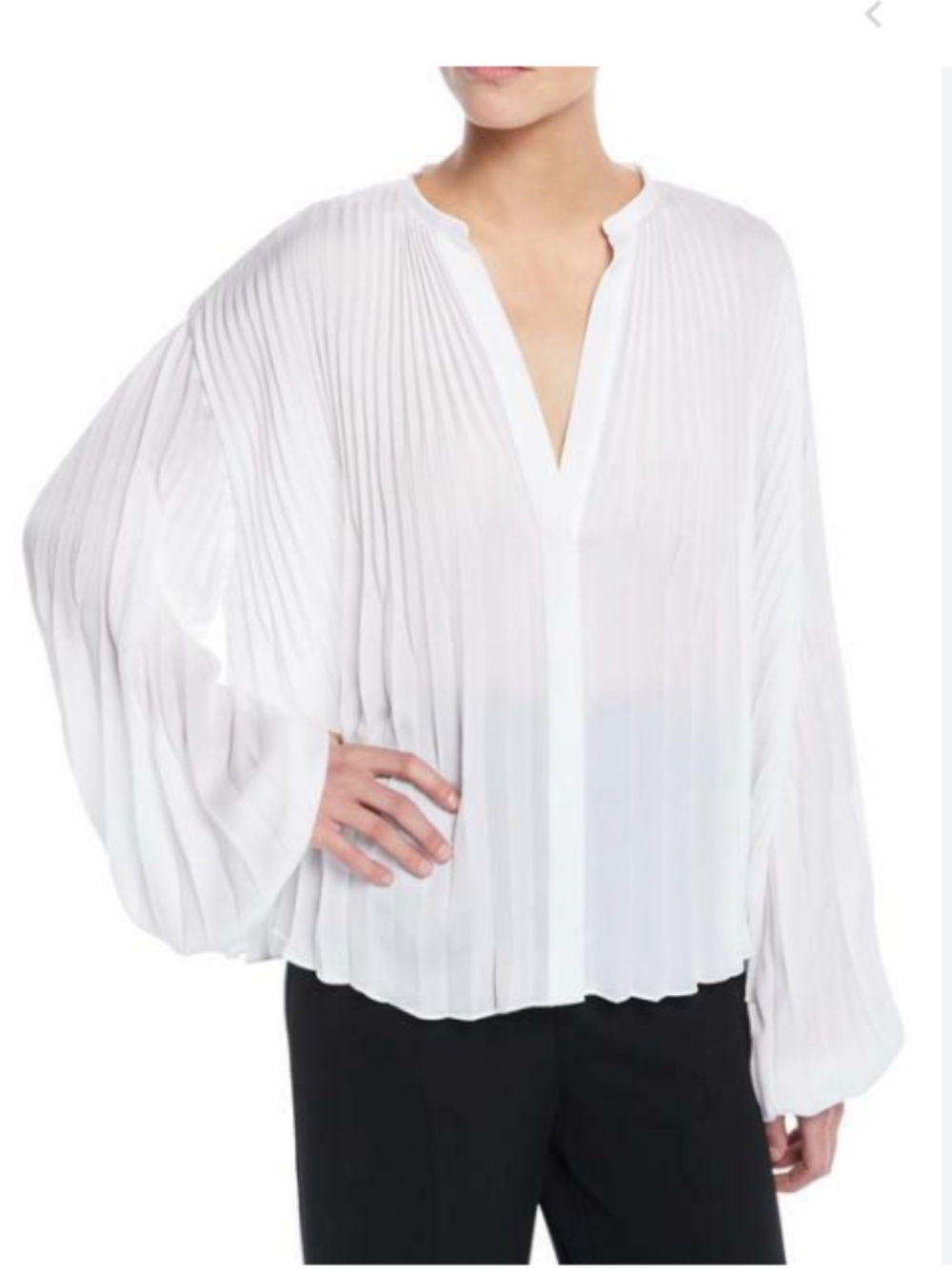 VINCE Pleated V-Neck Blouson-Sleeve Blouse